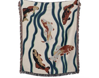 Koi Fish Woven Throw Blanket, Unique Woven Art Tapestry Couch Throw Blanket