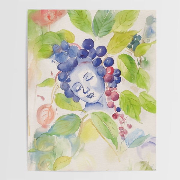 Blueberry Goddess, Dreamy Watercolor Art Print, Unframed Giclee Art Print