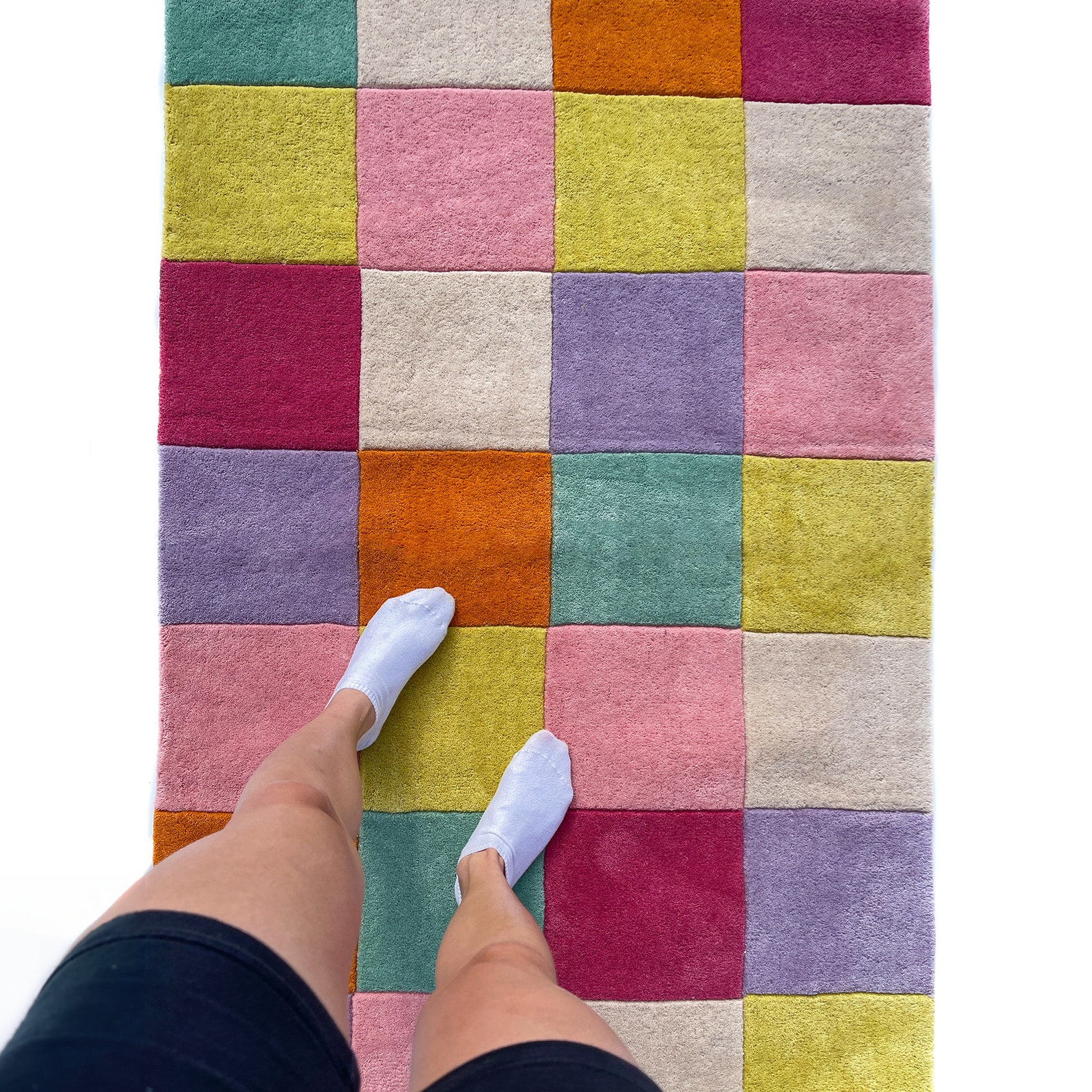 Tufted Check Rug Colorful Checkered Hand Tufted Rug, Eclectic Wool Area Rug in Various ...
