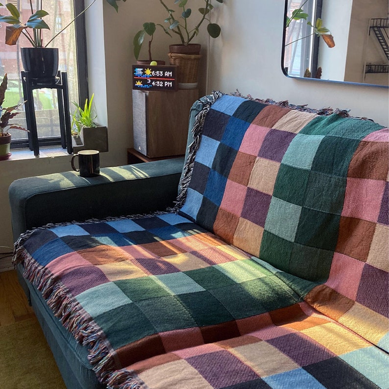 Modern Gingham Multicolor Throw Blanket, Colorful Cotton Woven Blanket 60x80