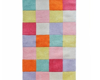Colorful Checkered Hand Tufted Rug, Eclectic Wool Area Rug in Various Sizes