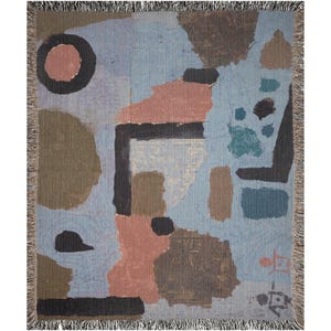 May include: Abstract woven tapestry with geometric shapes in shades of brown, pink, blue, and black on a light blue background.