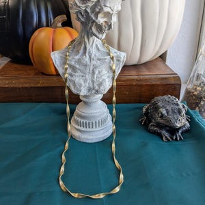 May include: A gold-colored, twisted chain necklace draped on a gray bust statue. The statue has a skull-like face and is set against a backdrop of pumpkins and a white gourd. A decorative frog statue sits nearby.
