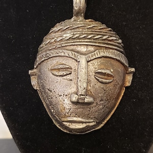 Vintage Heavy Bronze Mask Pendant Necklace
