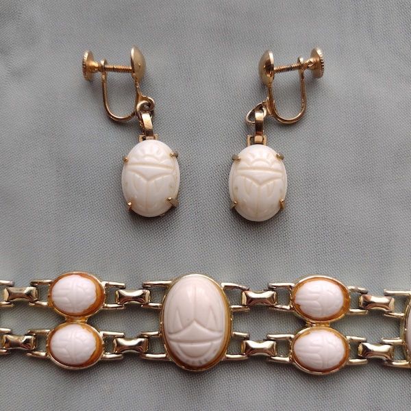 Vintage Scarab White Stone and Silver Tone Clip on Earrings and Bracelet Collection