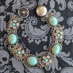 Antique Art Deco Czech Sterling & SP Czech Faux Turquoise Glass Bracelet