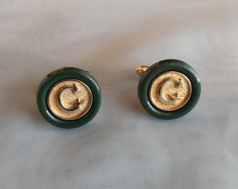 Vintage Swank Gold Tone and Green Initial Monogram Cufflinks