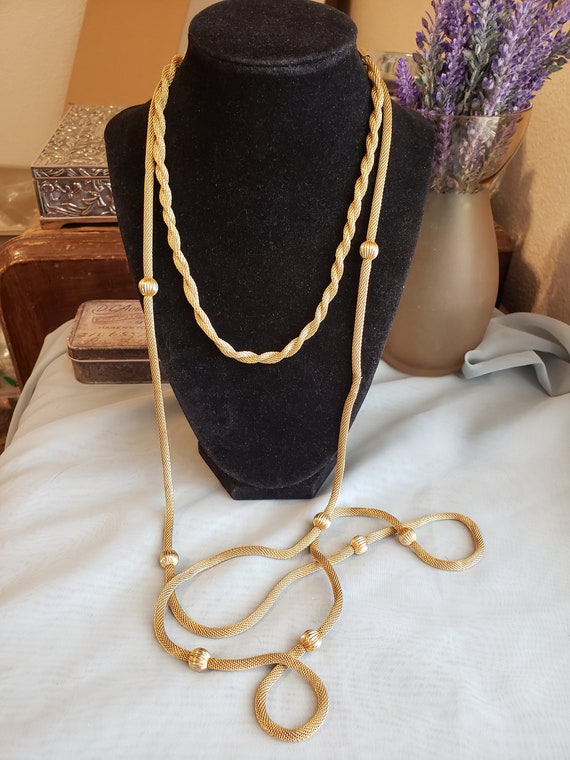 Vintage gold tone mesh necklaces set of two neckl… - image 1