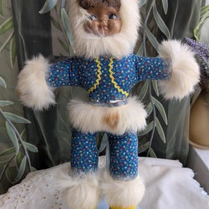 Vintage Inuit Doll Collectible Alaska Retro Fur Trim Blue