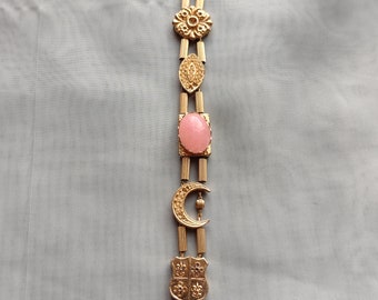 Vintage Victorian Revival Gold Tone Slider Bracelet Goldette Style Pink and Rainbow Gems Costume Jewelry Bracelet