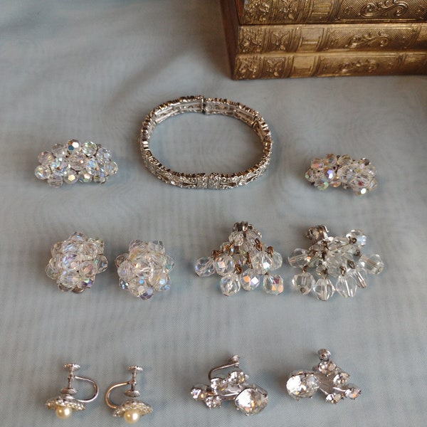 Vintage Costume Jewelry Lot of Bracelet and Clip on and Screw Back Earrings in Sterling Silver and Crystal Ready to Wear