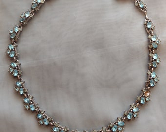 Vintage Holly Craft Signed Blue Turquoise Crystal Rhinestone Costume Jewelry Statement Necklace
