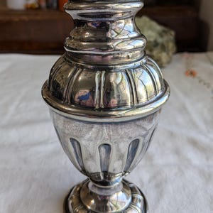 May include: A silver salt shaker with a fluted design and a round base. The shaker has a domed top with a small hole for dispensing salt.