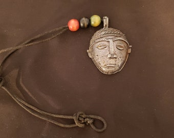 Collier Pendentif Ancien En Bronze à 2 Masques - Occasion, Style Ethnique/vintage - Bijou Unique