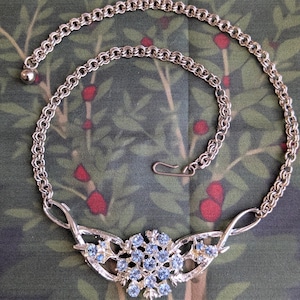 Vintage Lisner Signed Necklace Silver Tone and Blue Aurora Borealis AB Crystals