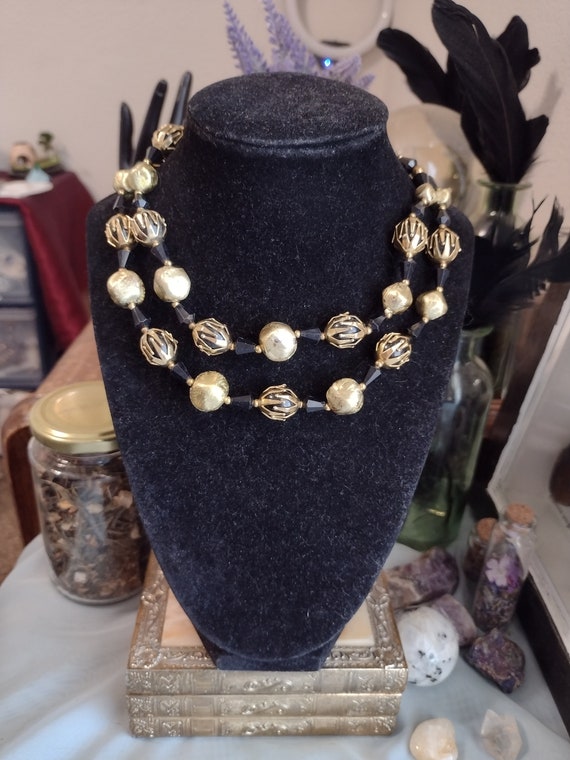 Vintage Signed Deauville Black and Gold Beaded Nec