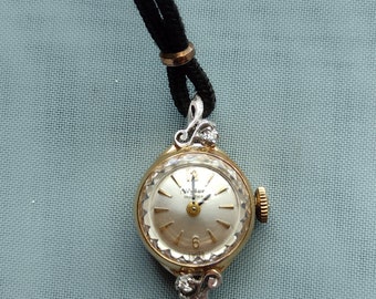 Vintage 14k Yellow Gold 1940 Wyler Incaflex Wrist Watch Diamonds Black Elastic Band Gold Filled Clasp