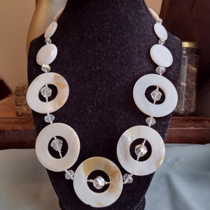 Vintage Huge Mother of Pearl Shell and Crystal Accent Costume Jewelry Necklace