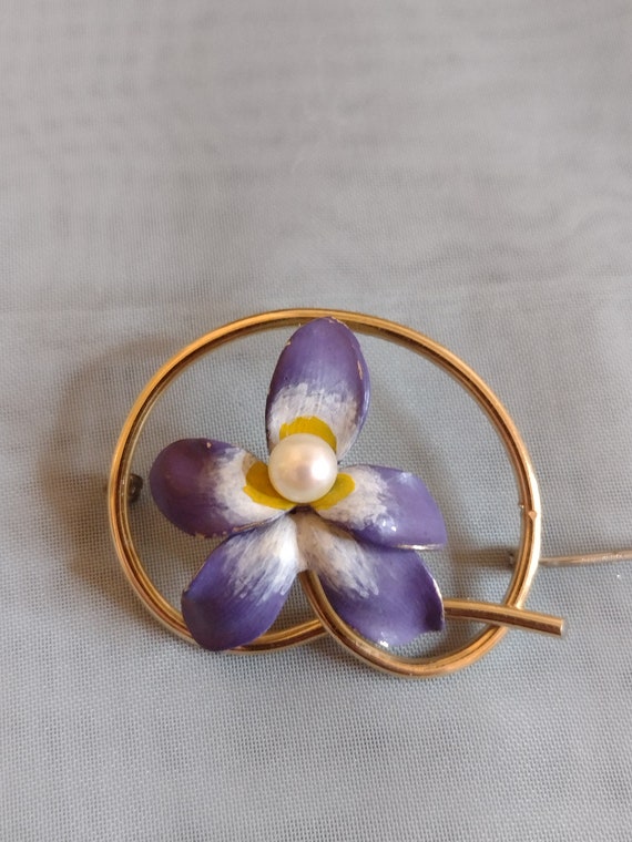 Vintage Krementz 14k Gold Enamel and Pearl Purple 