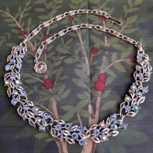 Vintage Lisner Signed Necklace Silver Tone and Blue Aurora Borealis AB Crystals