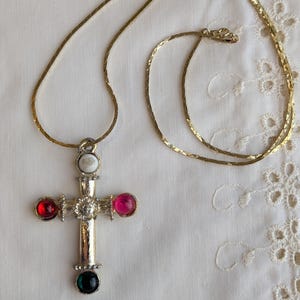 Vintage Gold Tone Colorful Cross Costume Jewelry Pendant Necklace