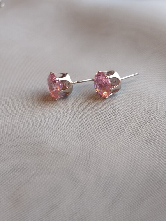 Vintage silver pierced earrings with pink solitai… - image 4