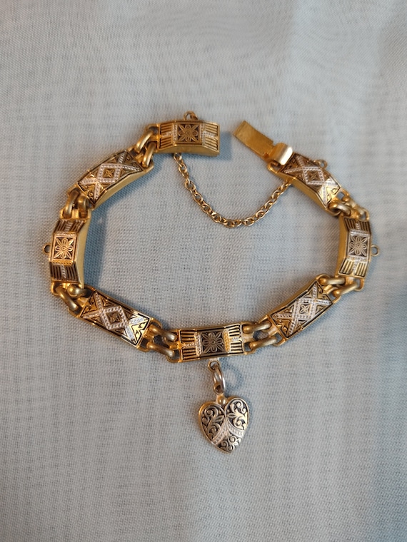 Vintage Gold Damascene Heart Charm Bracelet Spain