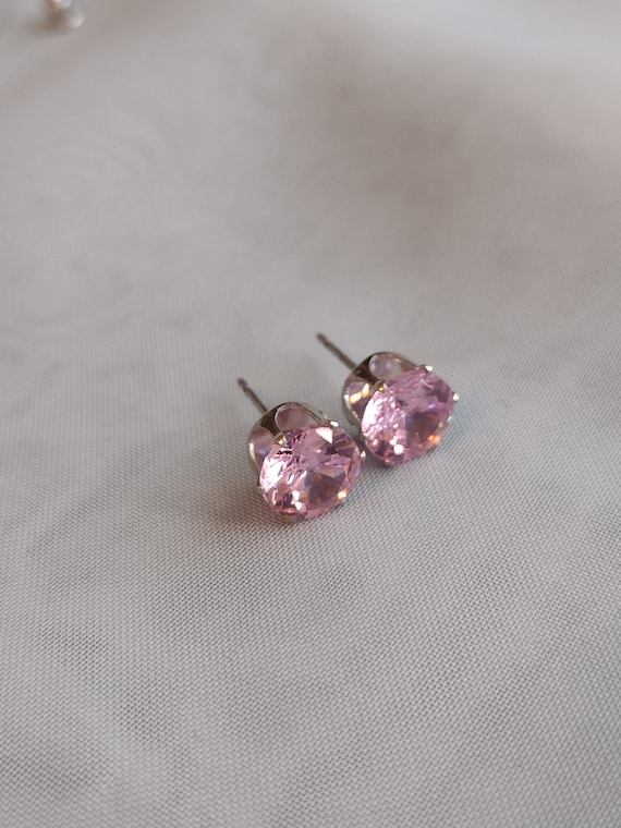 Vintage silver pierced earrings with pink solitai… - image 1