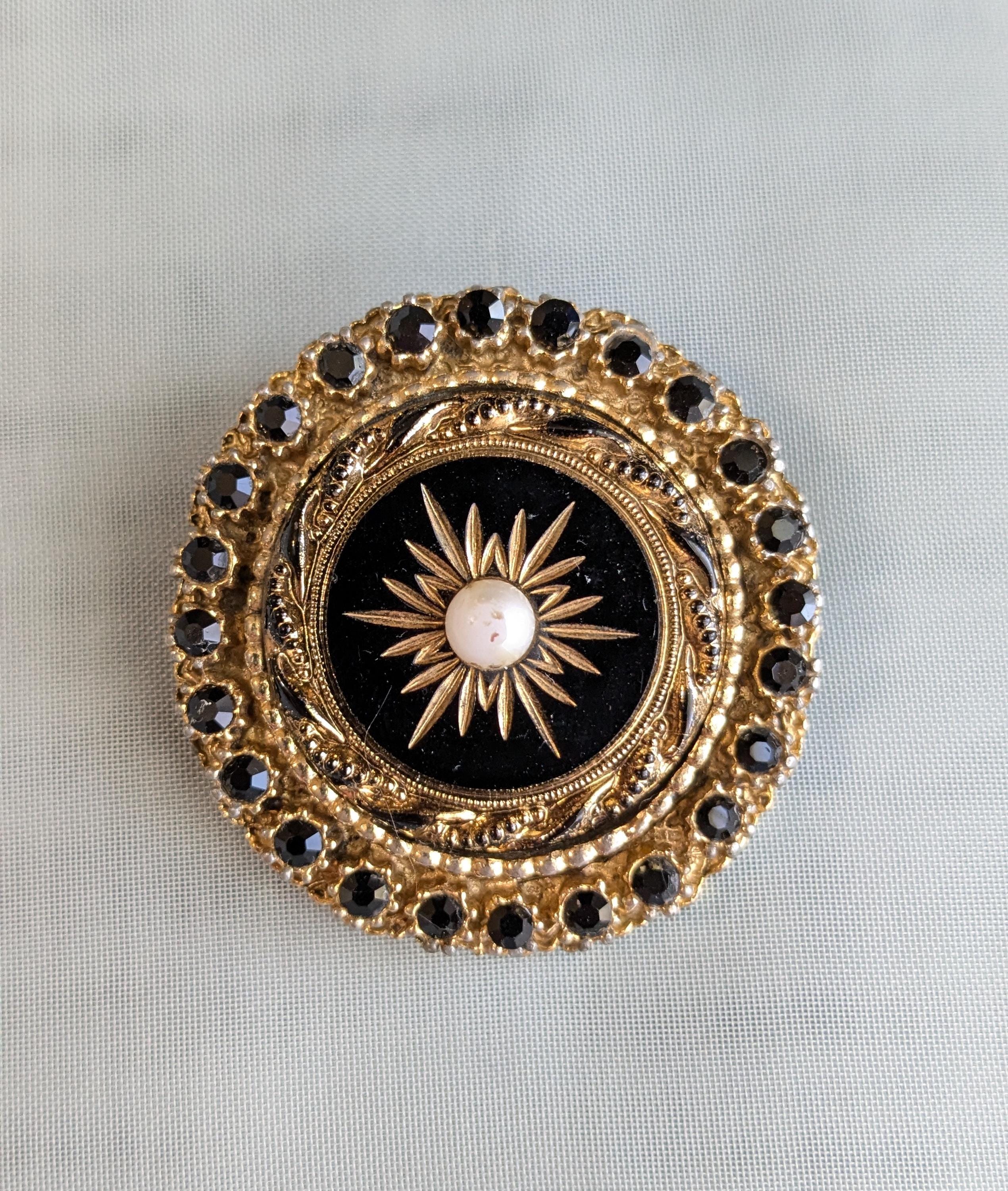 Vintage Gold Tone Black Faux Pearl Black Crystal Sphinx