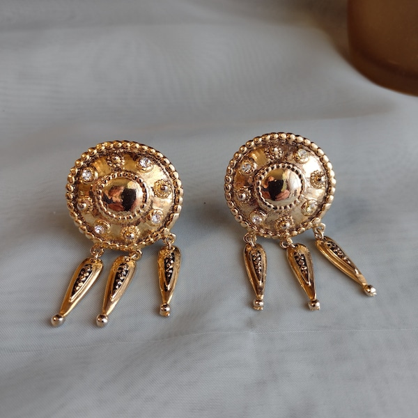 Amazing Gold Tone Large Clip On Dangle Earrings GP Givenchy Designer Style Vintage Costume Jewelry