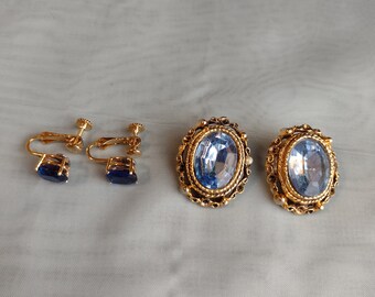 Vintage Blue and Gold Tone Clip On Earrings Costume Jewelry Collection