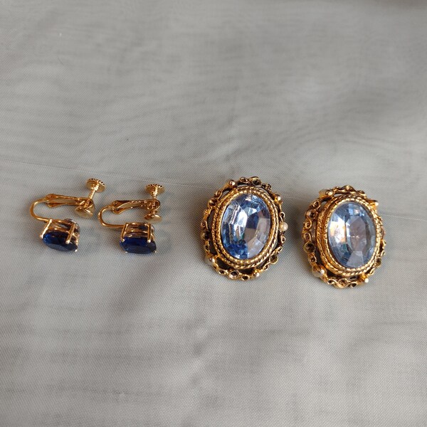 Vintage Blue and Gold Tone Clip On Earrings Costume Jewelry Collection