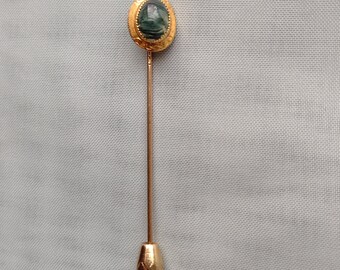 Antique 10K Yellow Solid Gold Victorian Stick Pin with Moss Agate Gemstone