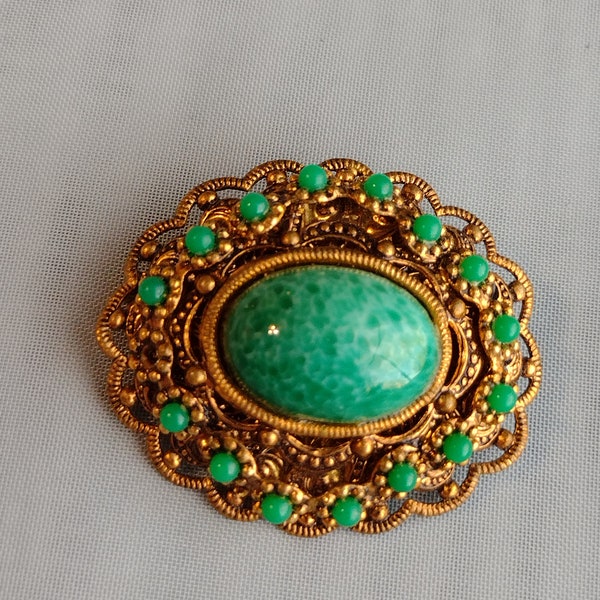 Vintage West Germany Green Glass and Faux Jade Brass Brooch Pin Costume Jewelry