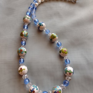 Pearl cloisonne and crystal beaded necklace in shades of blue gift for her