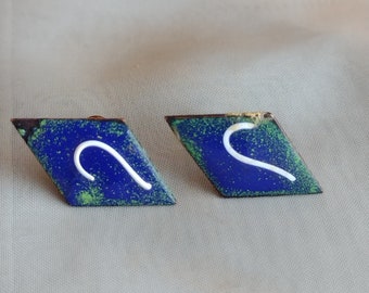 Vintage copper with blue enamel clip on earrings costume jewelry