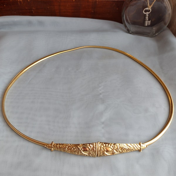 Vintage Gold Tone Etruscan Style Buckle Accessocraft Signed Stretchy Belt or Omega Necklace