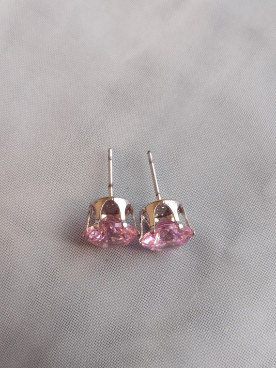 Vintage silver pierced earrings with pink solitai… - image 2