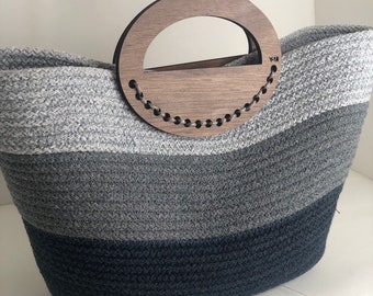 Cotton Rope Tote Bag with Wooden Handle; Multi Color Tote Bag; Wood Handle Purse, Summer Beach Bag; Handmade Handbag; Chic Travel Bag