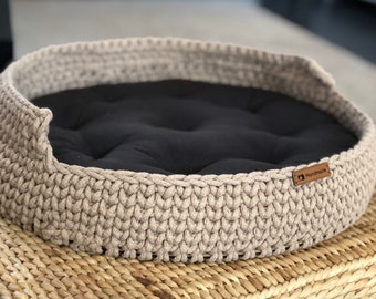 Lit pour chat et chien ; Panier pour chien et chat à base de bois en coton ; Panier pour animaux de compagnie ; Lit pour chat et chien respectueux de l’environnement fait à la main