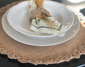 Elegant Crochet Jute Placemats and Napkin Rings Set; Round Boho Placemat; Farm Style Environmental Placemat & Napkin Set; Dining Accessories