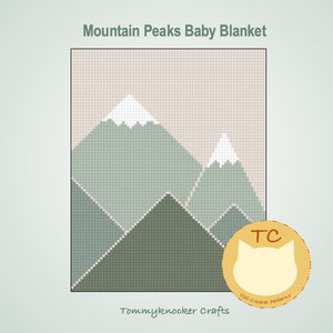 Peut inclure: Un modèle de crochet pour une couverture de bébé représentant une chaîne de montagnes avec des sommets enneigés dans des tons de vert, blanc et rose. Le modèle s'appelle "Mountain Peaks Baby Blanket" et est de Tommyknocker Crafts.
