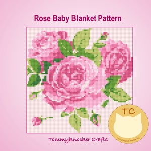 May include: A crochet pattern for a baby blanket featuring a pink rose design. The pattern is called "Rose Baby Blanket Pattern" and is by Tommyknocker Crafts.