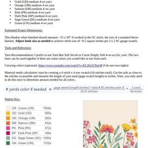 Op de afbeelding: Haakpatroon voor een babydeken met een bloemenontwerp. Het patroon bevat instructies voor het gebruik van verschillende kleuren garen, waaronder cr&egrave;me, goud, oranje, zalm, roze, donkerroze, saliegroen en groen. Het patroon bevat ook een tabel met het aantal steken dat nodig is voor elke kleur.