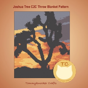 May include: A C2C crochet pattern for a throw blanket featuring a silhouette of a Joshua Tree against a sunset sky. The pattern is available as a digital download from Tommyknocker Crafts.
