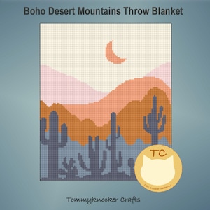 Peut inclure: Un motif numérique pour une couverture en crochet représentant un paysage désertique avec des montagnes, des cactus et une lune croissante. Le motif est de Tommyknocker Crafts et comprend le texte "TC Crochet Patterns".