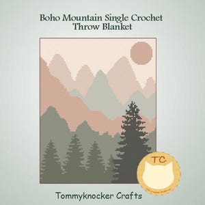 Puede incluir: Un patrón de crochet para una manta de tiro que presenta una cordillera con una puesta de sol y árboles. El patrón se llama "Boho Mountain Single Crochet Throw Blanket" y es de Tommyknocker Crafts.