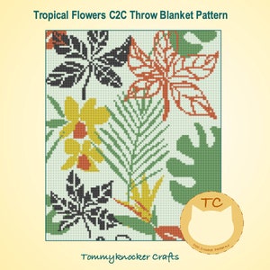 May include: A digital pattern for a crochet throw blanket featuring a tropical floral design with black, green, yellow, orange, and red leaves and flowers. The pattern is called "Tropical Flowers C2C Throw Blanket Pattern" and is by Tommyknocker Crafts.