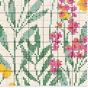 Op de afbeelding: Een digitaal kruissteekpatroon met een bloemenontwerp met roze, oranje en gele bloemen op een witte achtergrond. Het patroon bevat groene bladeren en stengels.