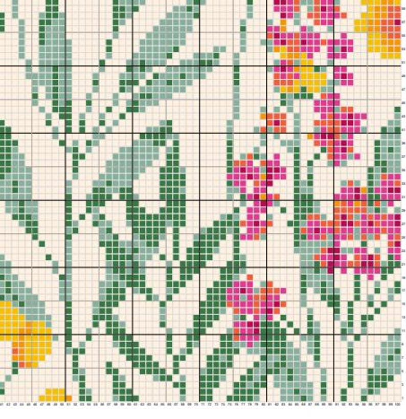 Op de afbeelding: Een digitaal kruissteekpatroon met een bloemenontwerp met roze, oranje en gele bloemen op een witte achtergrond. Het patroon bevat groene bladeren en stengels.